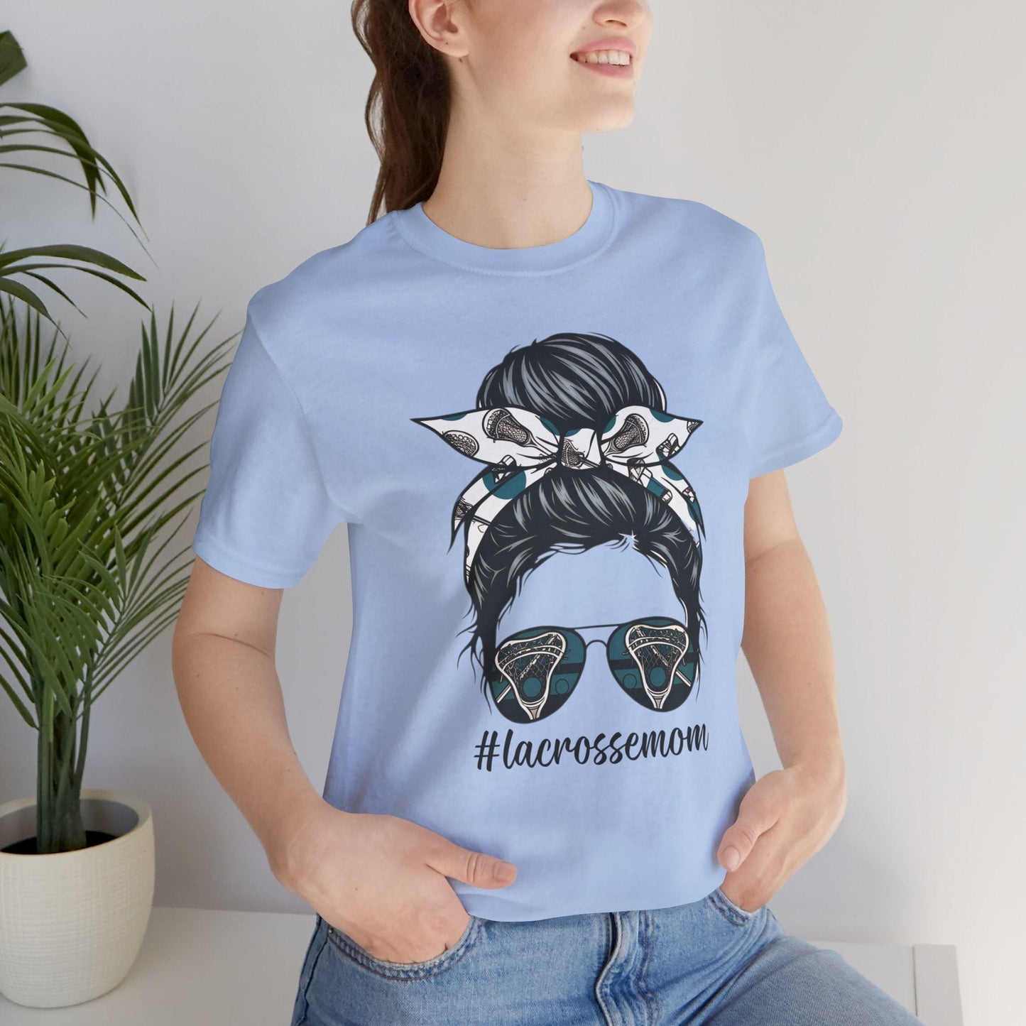 Model wearing Baby Blue Lacrosse Mom T-Shirt - Hooray